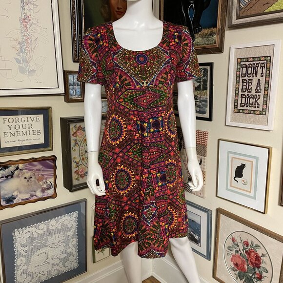 70s Vintage Neon Geometric Prychedelic Scoop Neck Short-Sleeve Dress Size L - Picture 2 of 6